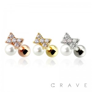 316L SURGICAL STAINLESS STEEL CARTILAGE BARBELL WITH PEARL BOW TIE